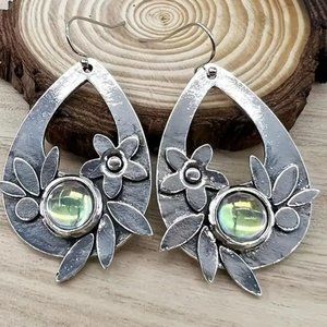 Boho Moonstone Water Drop Flower Leaf Silver Plated Earrings - NEW